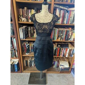 Tadashi Shoji Women's Size 6 Navy Blue Bodycon Lace Beaded Bondage Sheath Dress